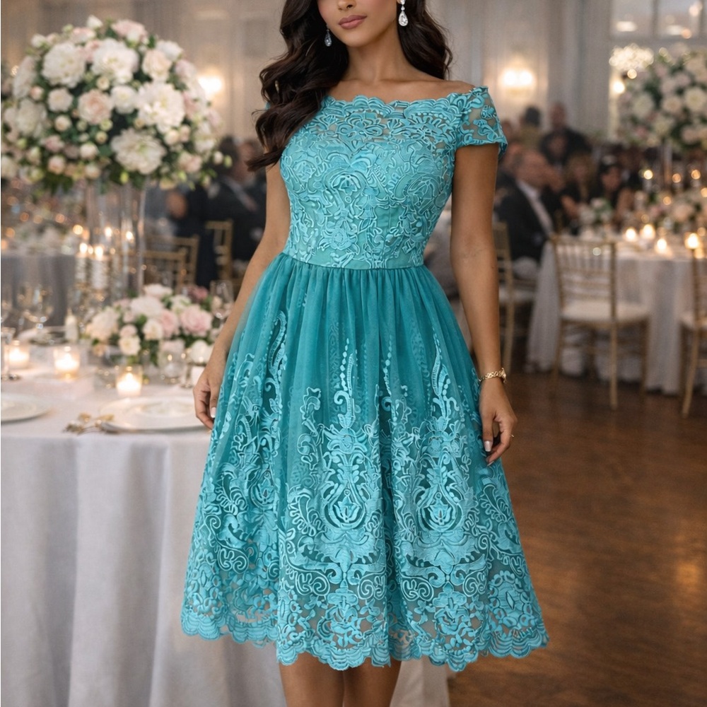 Chi Chi London Teal Blue Lace Off-Shoulder Prom Dress